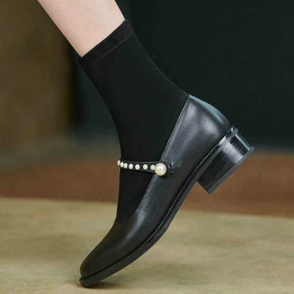 

boots women short genuine leather square toe ankle ladies fashion cool women's low heels shoes winter footwear size 34-43, Black