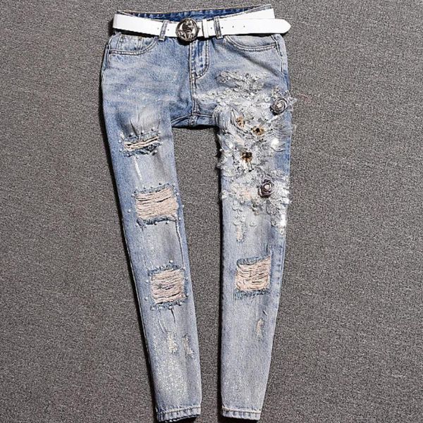

women's jeans beading flower for women skinny sequins hole denim pants stretch ankle length, Blue