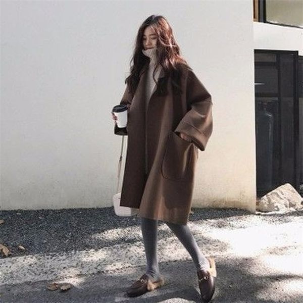 

solid color woolen coat women pockets v-neck autumn winter loose women's students mid-length s 210427, Black