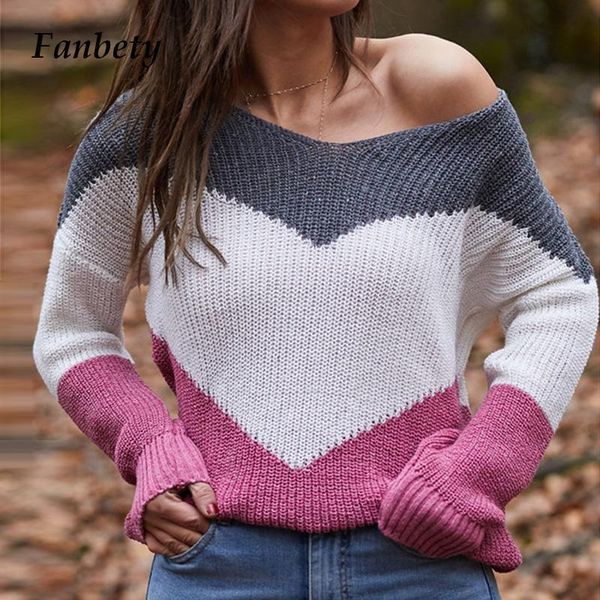 

women's sweaters autumn women elegant v neck patchwork sweater lady casual long sleeve knitted 2021 off shoulder loose pullover, White;black
