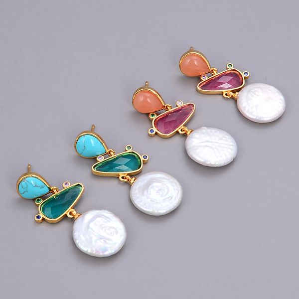 

guaiguai jewelry pink aventurine blue turquoise white coin freshwater pearl red green crystal dangle stud earrings for women real gems stone, Silver