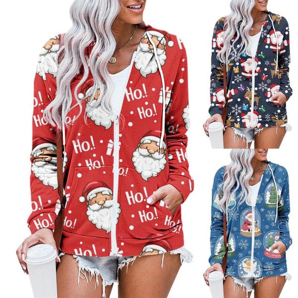 

women's jackets fashion long sleeve tunics zip up hoodies sweatshirt casual chrismas printing zipper hooded with pockets jacket coat#8, Black;brown