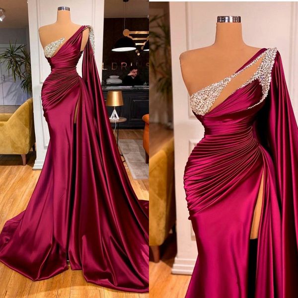 

crystal beading arabic mermaid evening dresses sleeveless peplum pleats party gowns side split red carpet fashion prom dress vestidos, Black;red