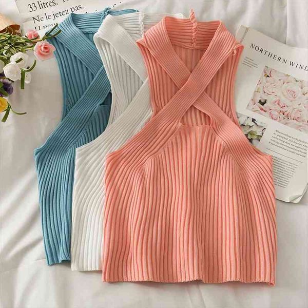 

knitted crop womens tank halter color stripe off shoulder sleeveless camis omighty, White