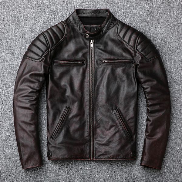 

classic factory cowhide jacket genuine leather coat cow real motorcycle outwear spring autumn outer garment suit brown, Black