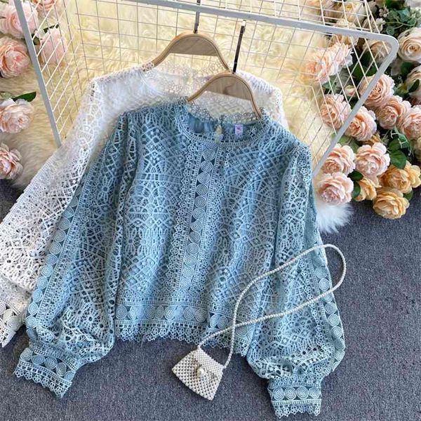 

women's spring fashion round neck hollow out lace long sleeve shirt elegant solid color shirts q963 210527, White