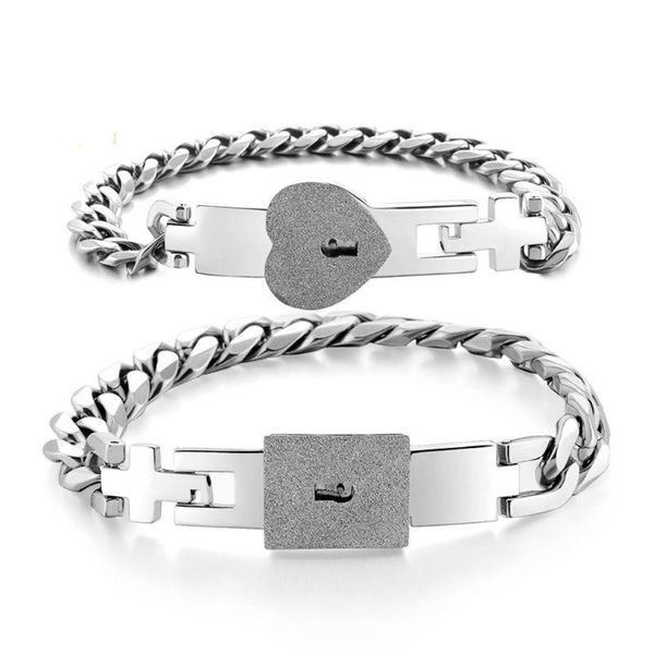 

bangle 2pcs silver tone stainless steel lover heart love lock bracelet with key bangles kit couple jewelry sets gift, Black