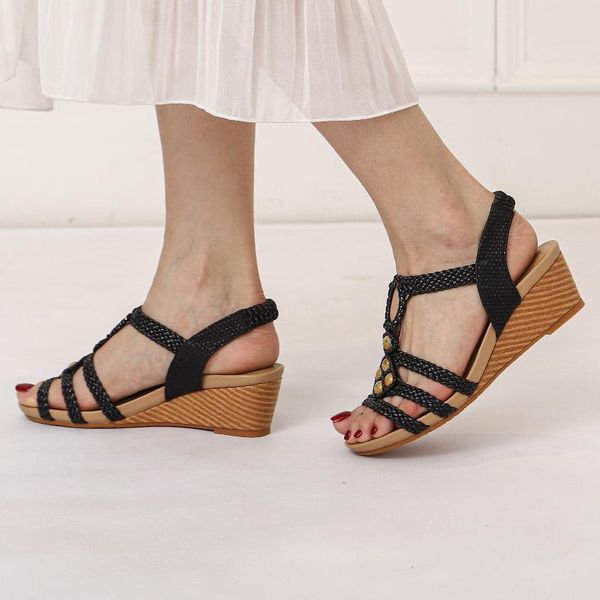 

sandals classic women's shoes wedges summer for women fashion knitted gladiator beach ladies flip-flops 2021, Black