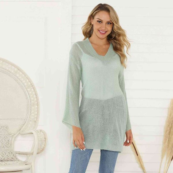 

fashion sweater fine woolen 2021 women's thin translucent v-neck loose t-shirt, White;black