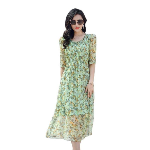 

casual dresses tml21442 2021 women's spring clothing elegant floral print large size slim round neck 100% silk dress for women, Black;gray