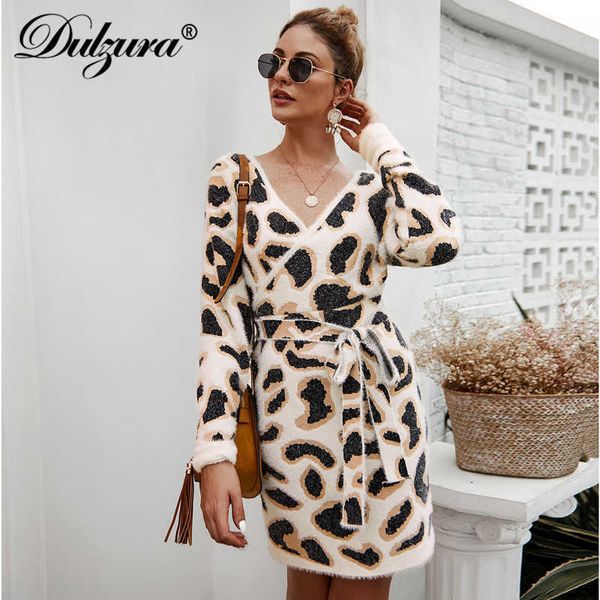 

2021 autumn winter women sweater wrap dress knitted leopard hollow out backless elegant party festival clothes, Black;white