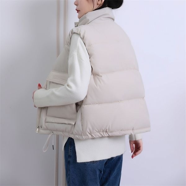 

stand collar winter women's short style vest solid cotton padded thick sleeveless jacket women big pockets casual outwear ladies 211220, Black;white
