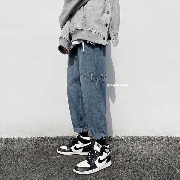 

jeans spring men's loose fit korean fashion casual wide leg pants, Blue