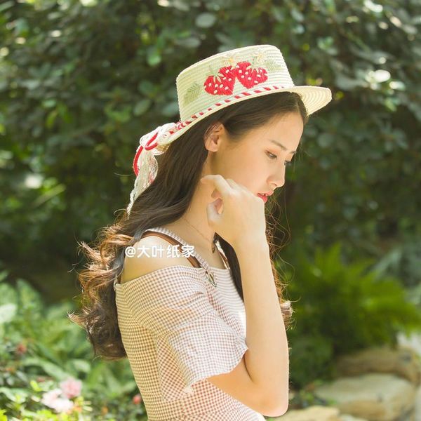 

summer women cartoon strawberry embroidery sun hats straw casual protection caps wide brim, Blue;gray