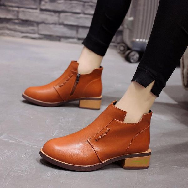 

boots round toe casual ladies fashion autumn ankle women heel side zipper female heels single shoes bota feminina, Black