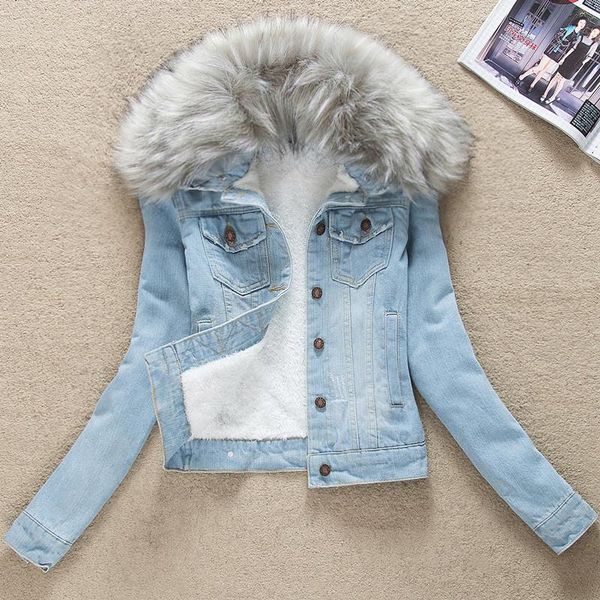 

women's jackets autumn and winter korean dress slim fitting plush thickened detachable wool collar denim cotton jacket, Black;brown