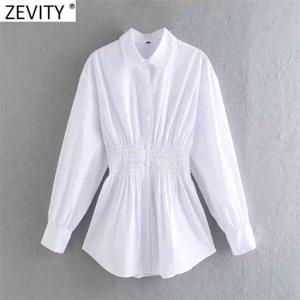 

women fashion turn down collar waist elastic pleating white smock blouse office ladies slim shirt chic blusas ls9023 210420