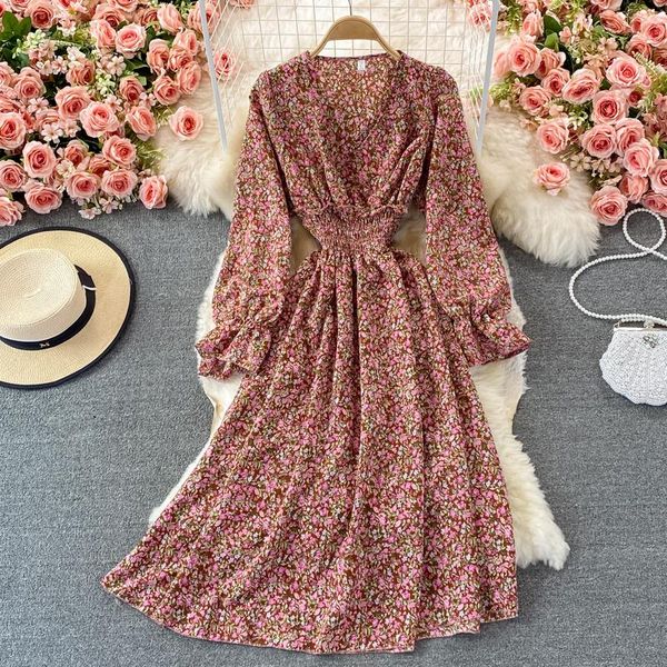 

casual dresses aibeautyer autumn floral print slim lady full dress a line v neck chiffon pullover puff sleeve high waist women, Black;gray