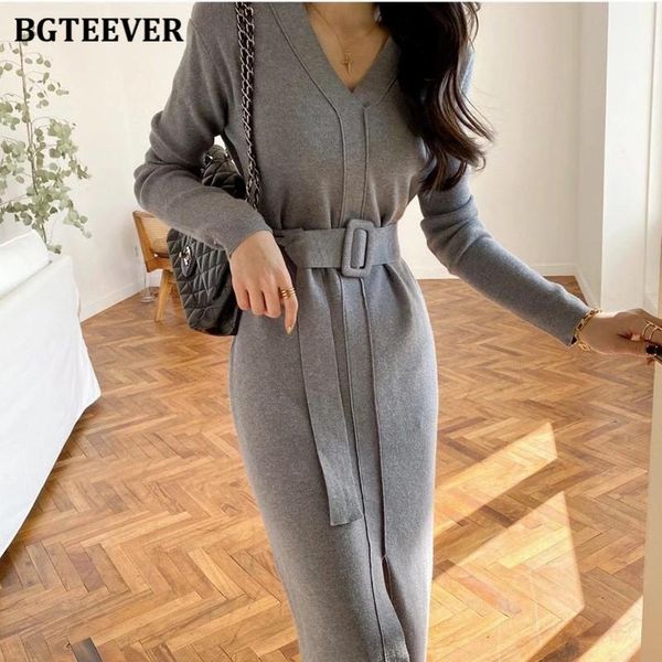 

elegant v-neck sashes belted knitted dress women 2021 full sleeve sweater midi female knitting vestidos casual dresses, Black;gray