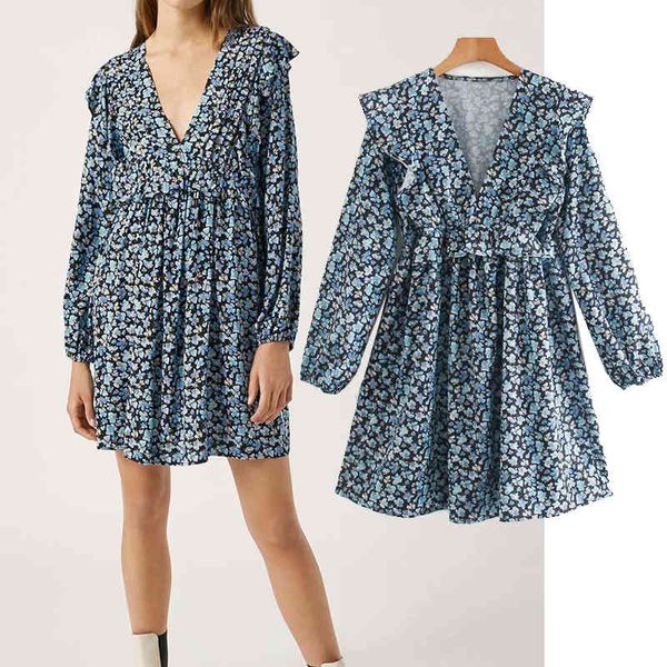 

casual dresses women fashion flower printing long sleeves elegant v neck folds ladies slim vestidos mini cute dress 70q3, Black;gray
