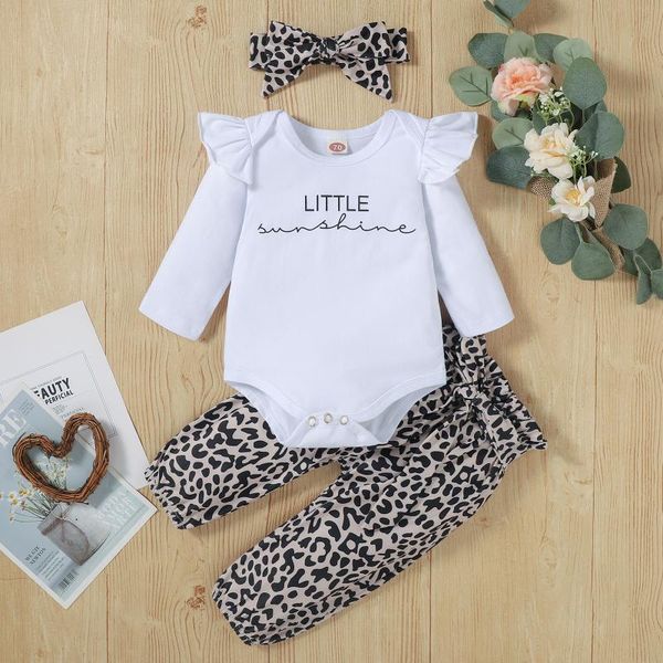 

clothing sets toddler fashion baby girls clothes set, letter print long sleeve o-neck romper+leopard trousers+headband 2021, White