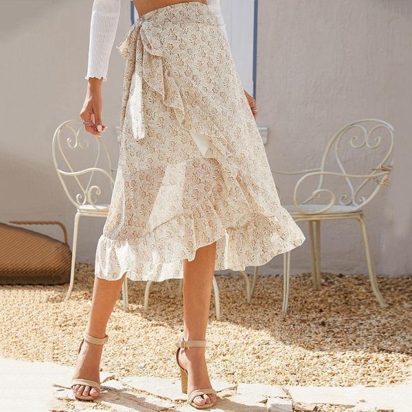 

summer strapping open fork irregularly crushed floral chiffon skirt mid-calf skirts, Black