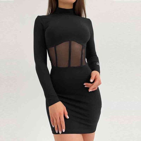 

long sleeve half high collar mesh splicing women amp 39 s mini dress for club party prom night bodycon pencil shorts dresses, Black;gray