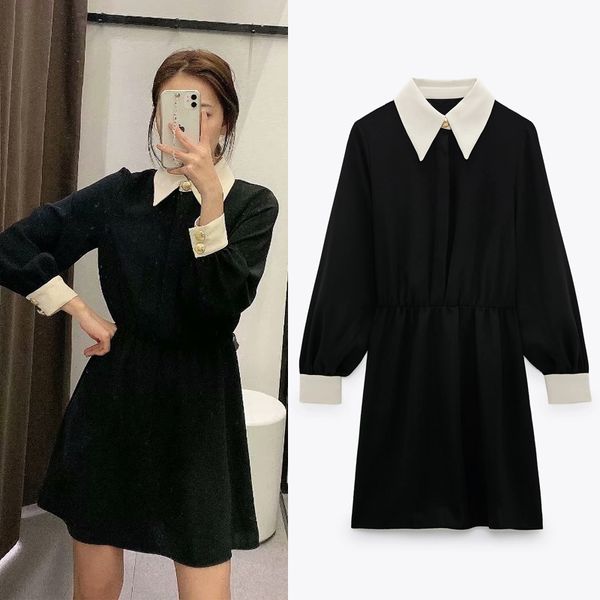 

fall black shirt woman dress contrast collar patchwork mini women fashion long sleeve gather waist ladies es 210430, Black;gray