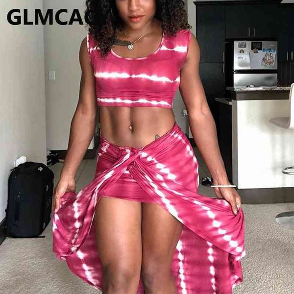 

tie dye printed suits sleeveless crop & slit skirt set 210702, White
