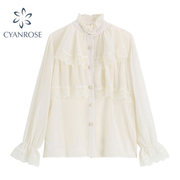 Chiffon-koreanische Blusen und Hemden für Damen, stilvolles Flare-Langarm-Einreiher, Perlen-Spliced-Spitze, Retro-Blusas-Tops 210417