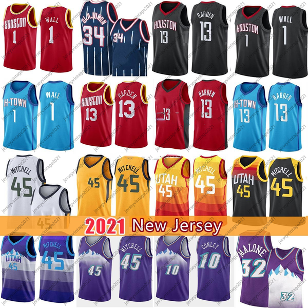 

professional donovan 45 13 mitchell harden john 1 wall basketball jersey hakeem 34 olajuwon john 12 stockton karl 32 malone jerseys, Black;red