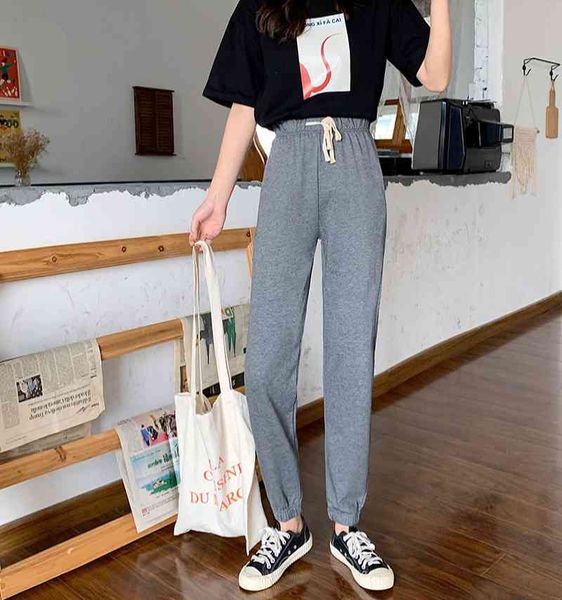 

drawstring trouser women spring and autumn ins korea version of loose straight tube slim casual high-waisted sports pants, gray 210412, Black;white