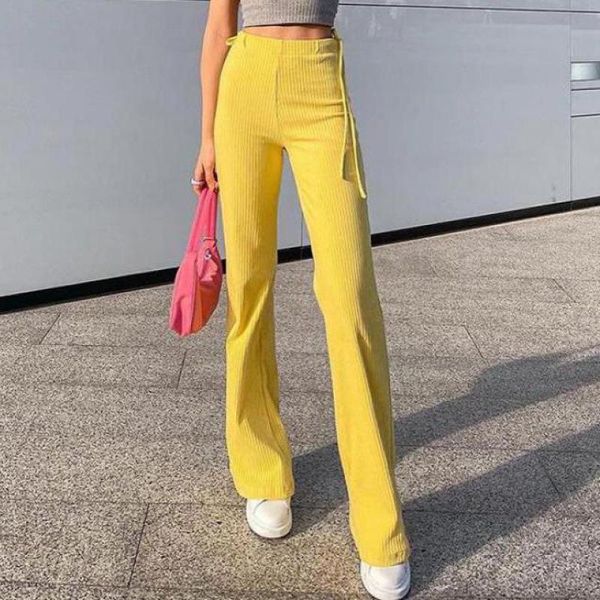 

women's pants & capris 2021 spring female high waist streetwear drawstring bandage casual full length women slim bell bottom ribbed kni, Black;white