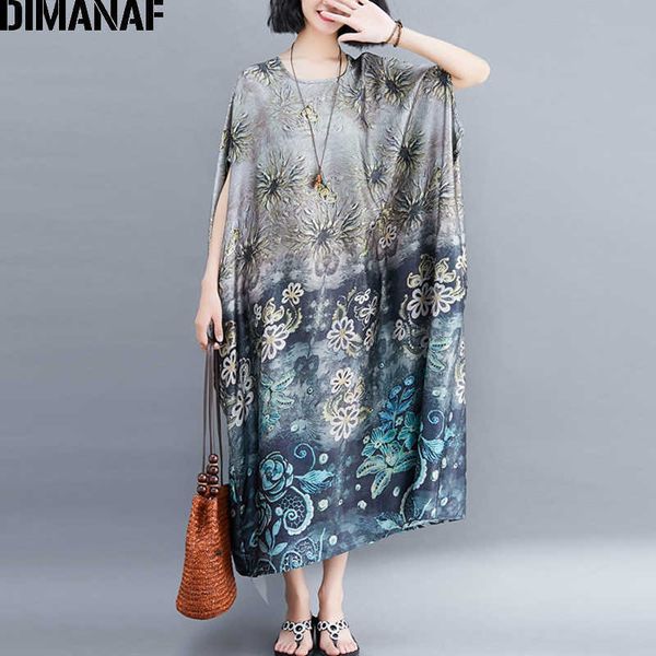 

plus size women dress vintage big female vestido summer sundress batwing loose print floral lady long 5xl 6xl 210531, Black;gray