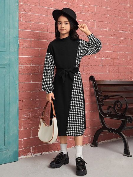 

girls houndstooth print belted dress she, Red;yellow