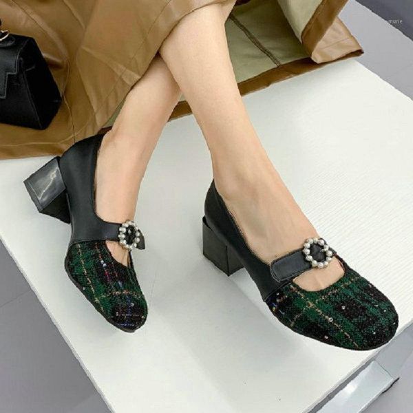 

dress shoes sianie tianie round toe tweed plaid checker gingham sweet female pink green chunky square heels women mary janes pumps1, Black
