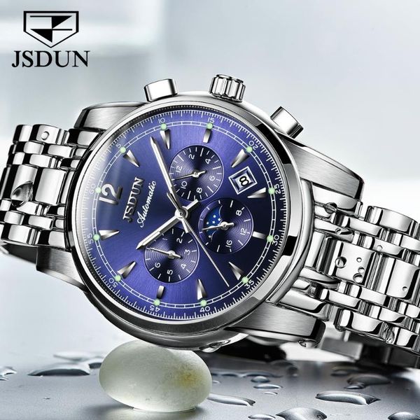 

wristwatches jsdun 2021 retro men's automatic mechanical multi-function watch moon phase stainless steel waterproof luxury montre homme, Slivery;brown
