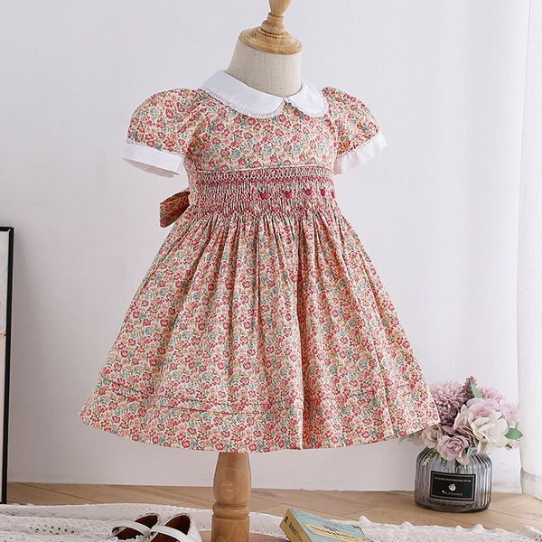 Çocuklar Kız Elbise Ile Smocking 2021 Küçük Kız için Smockland Elbiseler Zarif Prenses Vintage Çiçek Elbise Yaz Çocuk Kıyafet Q0716