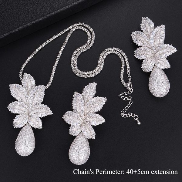 

earrings & necklace 65mm fashion plant leaves teardrop cz dangle sets for women wedding engagement jewlery, Silver