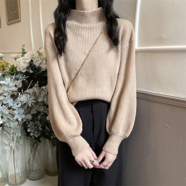 

women's sweaters half high neck sweater autumn winter 2021 loose lazy wind inside pullover long sleeve knitted bottomed shirt top, White;black