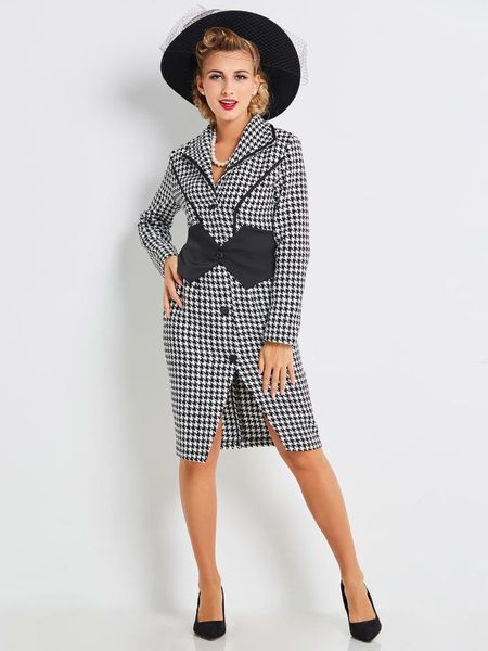 

women's wool & blends fashion houndstooth coat women spring autumn plus size outwear elegant vintage plaid black office coats ladies re