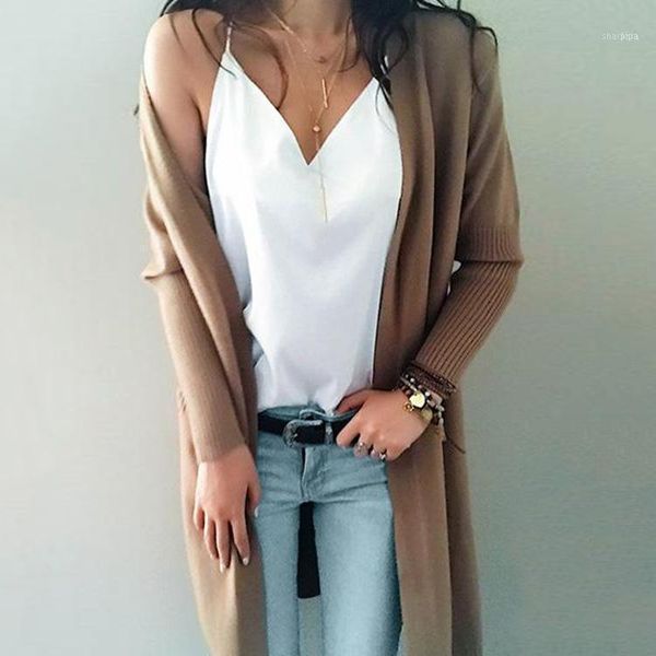 

autumn/winter style european and american knitted loose long padded big pocket sweater cardigan women1, White
