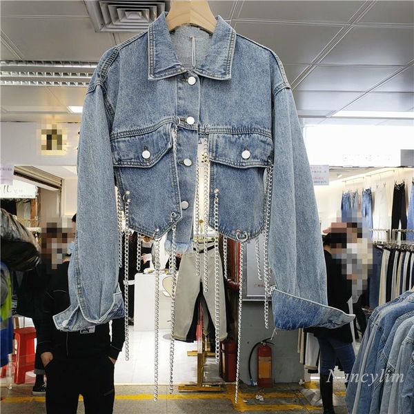 

women's jackets chain short denim jacket women bf street tide hip hop heavy industry female jeans coat blue mujer chaqueta, Black;brown