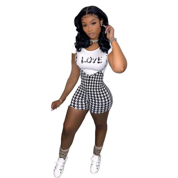 

women's tracksuits spring and summer fashion letter printed t-shirt suspenders sweet plaid shorts two-piece suit, Gray