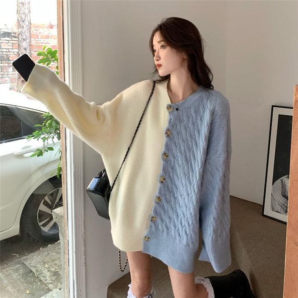 

women's knits & tees ladies patchwork sweater coat leisure single breasted knitted cardigan women autumn winter loose lantern sleeve, White