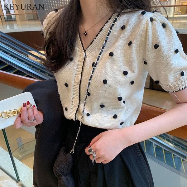 

korean chic summer knitted cardigan 2021 3d dot puff short sleeve v-neck single breasted elegant thin seeater knitwear crop women's kni, White