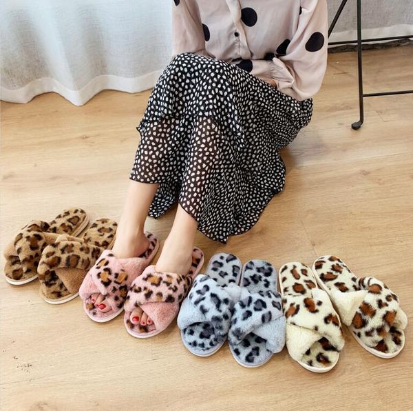 

slippers women's warm cross leopard indoor furry slides for women fur flip flops fuzzy claquette fourrure 36-41, Black