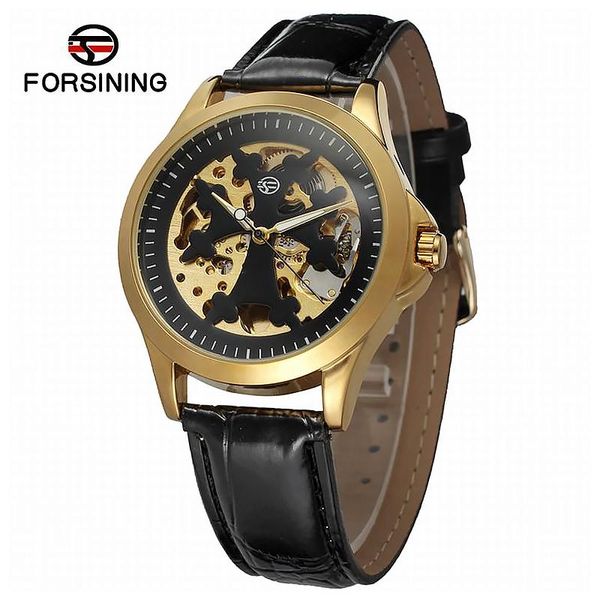 Escavar Forsining Automático Relógios Mecânicos Homens Strap de Couro Golden Vintage Skeleton Negócios Masculino relógios relógios de pulso