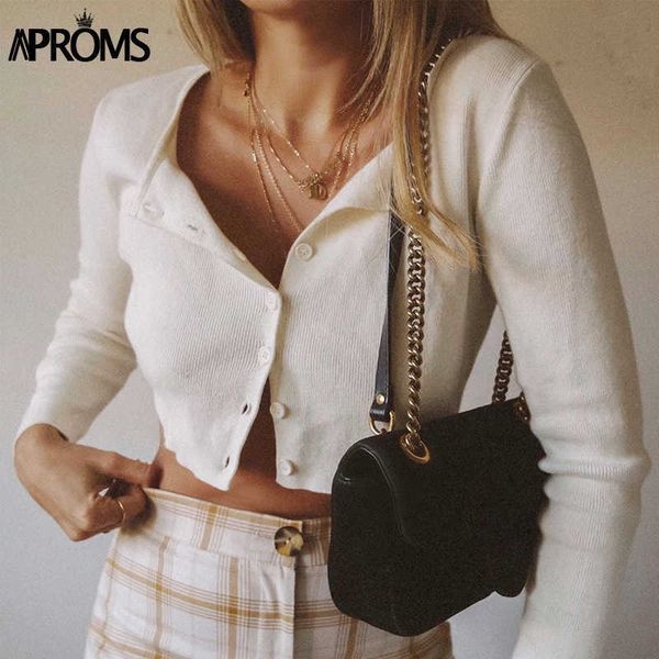 

aproms candy color ribbed knitted cardigan women autumn winter long sleeve basic cropped sweaters female casual short jumper 210714, White;black