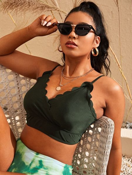 

plus solid scallop trim bikini b7zf#, Black